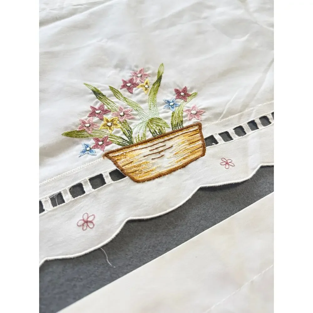 Embroidered Window Valances Scalloped Cutwork White 2 Panel Set Floral 60x13